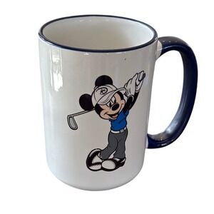 Disney World Golf Mickey Mouse Coffee Mug White Navy Blue Ceramic Souvenir 4.5in